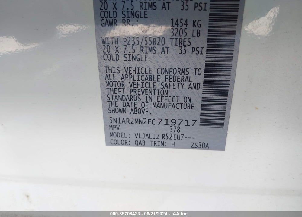 2015 NISSAN PATHFINDER PLATINUM VIN: 5N1AR2MN2FC719717