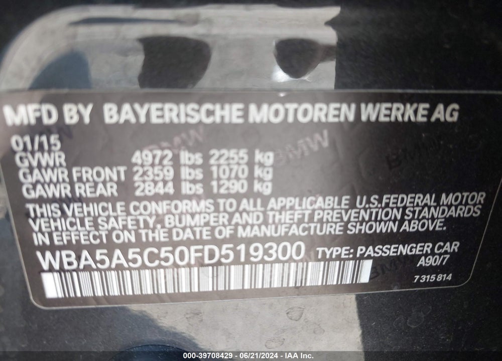 2015 BMW 528I VIN: WBA5A5C50FD519300