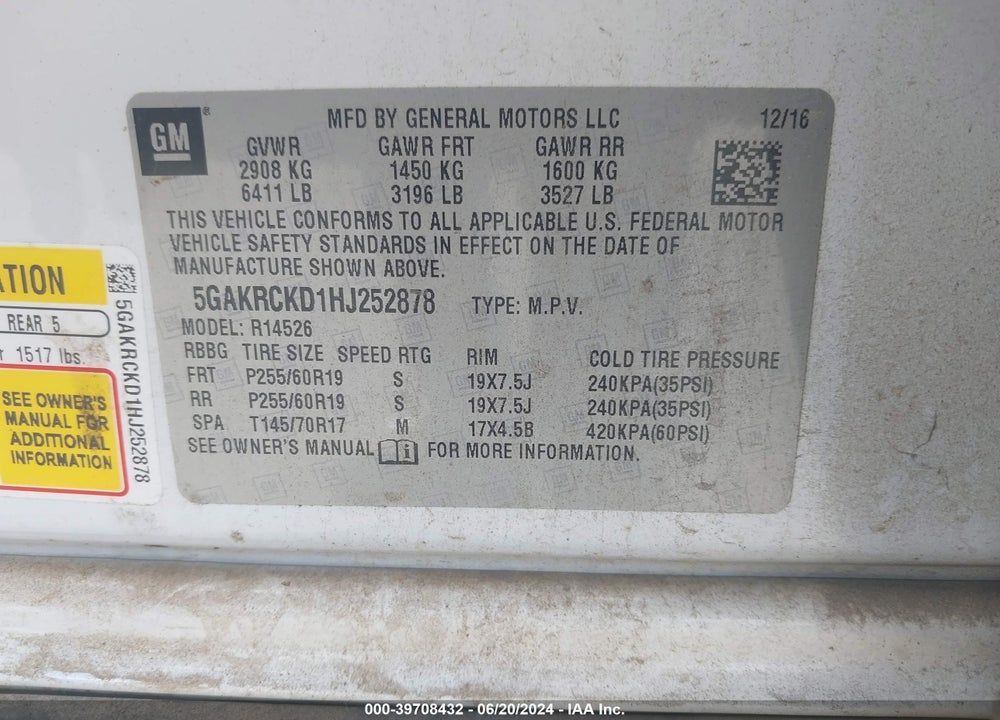 2017 BUICK ENCLAVE PREMIUM VIN: 5GAKRCKD1HJ252878