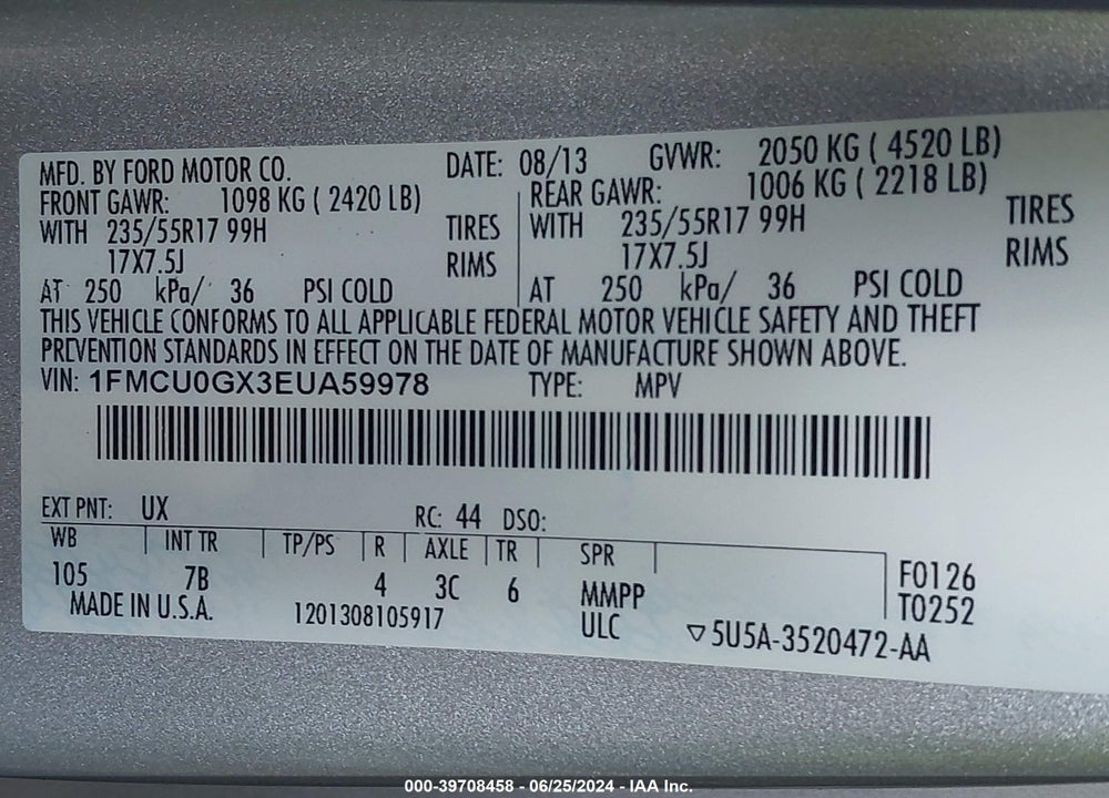 2014 FORD ESCAPE SE VIN: 1FMCU0GX3EUA59978