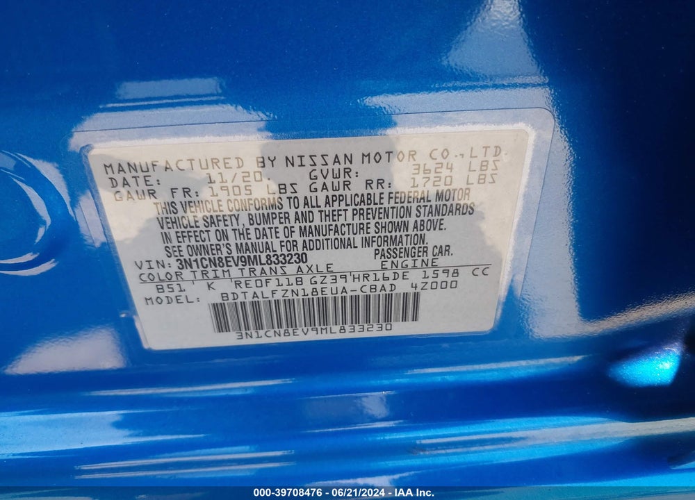 2021 NISSAN VERSA SV XTRONIC CVT VIN: 3N1CN8EV9ML833230