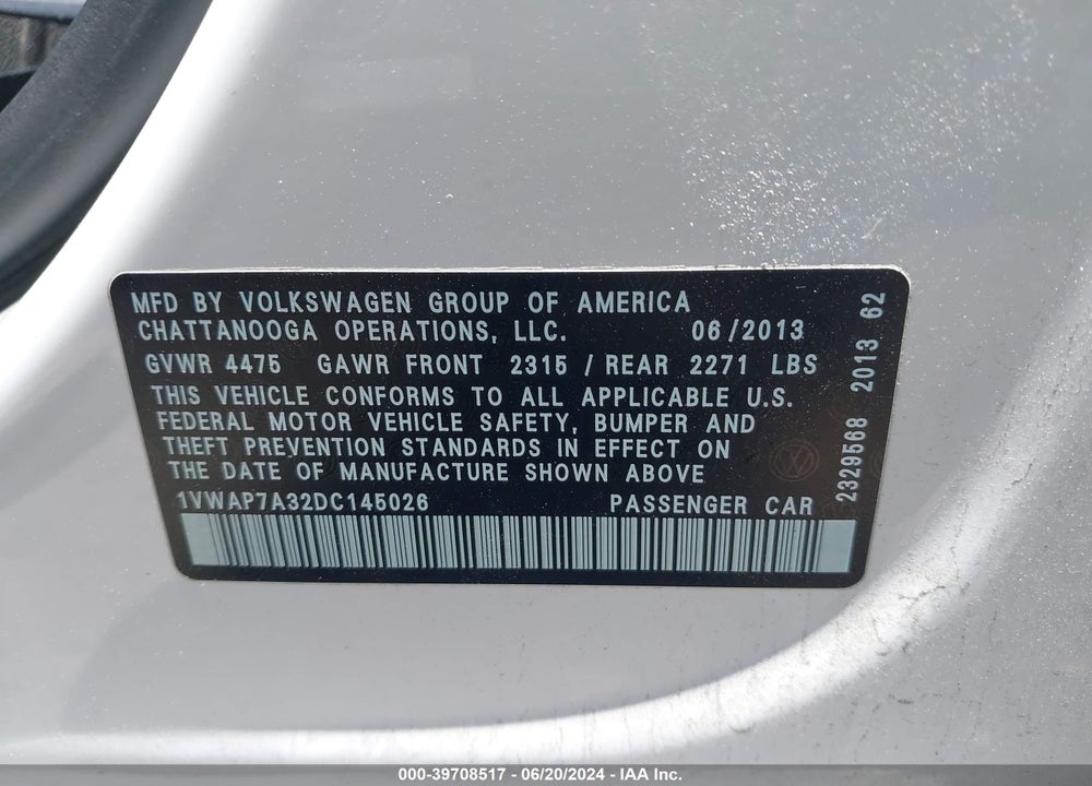 2013 VOLKSWAGEN PASSAT 2.5L S VIN: 1VWAP7A32DC145026