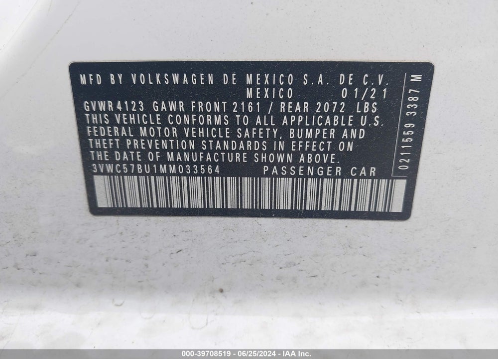 2021 VOLKSWAGEN JETTA 1.4T R-LINE/1.4T S/1.4T SE VIN: 3VWC57BU1MM033564