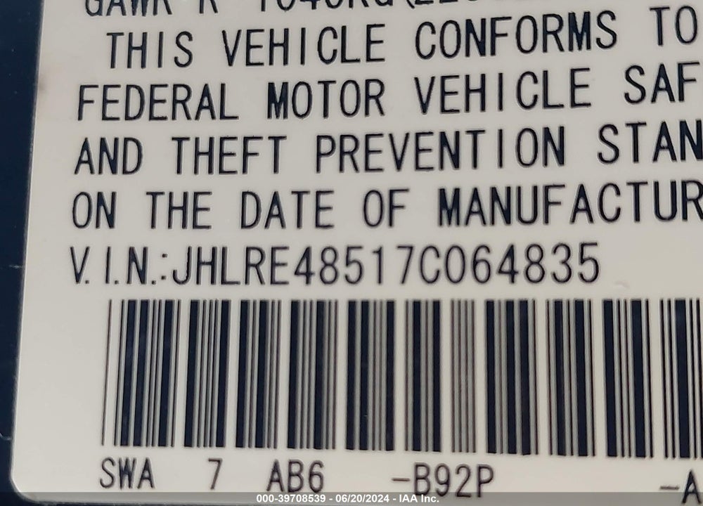 2007 HONDA CR-V EX VIN: JHLRE48517C064835