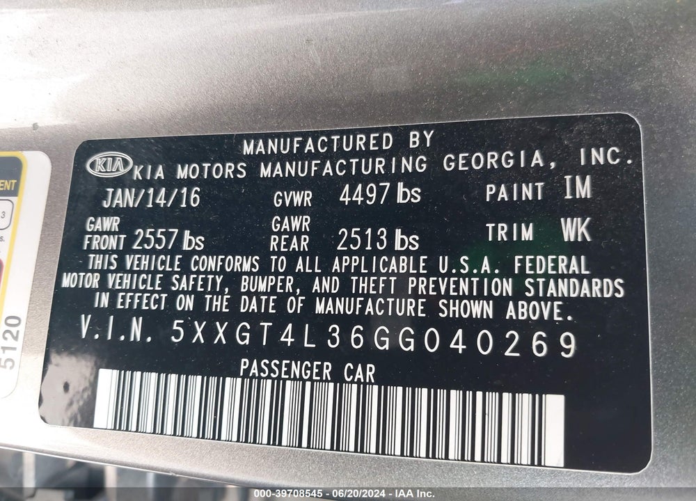 2016 KIA OPTIMA LX VIN: 5XXGT4L36GG040269