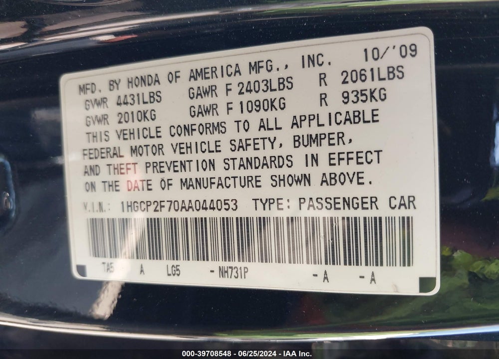 2010 HONDA ACCORD 2.4 EX VIN: 1HGCP2F70AA044053