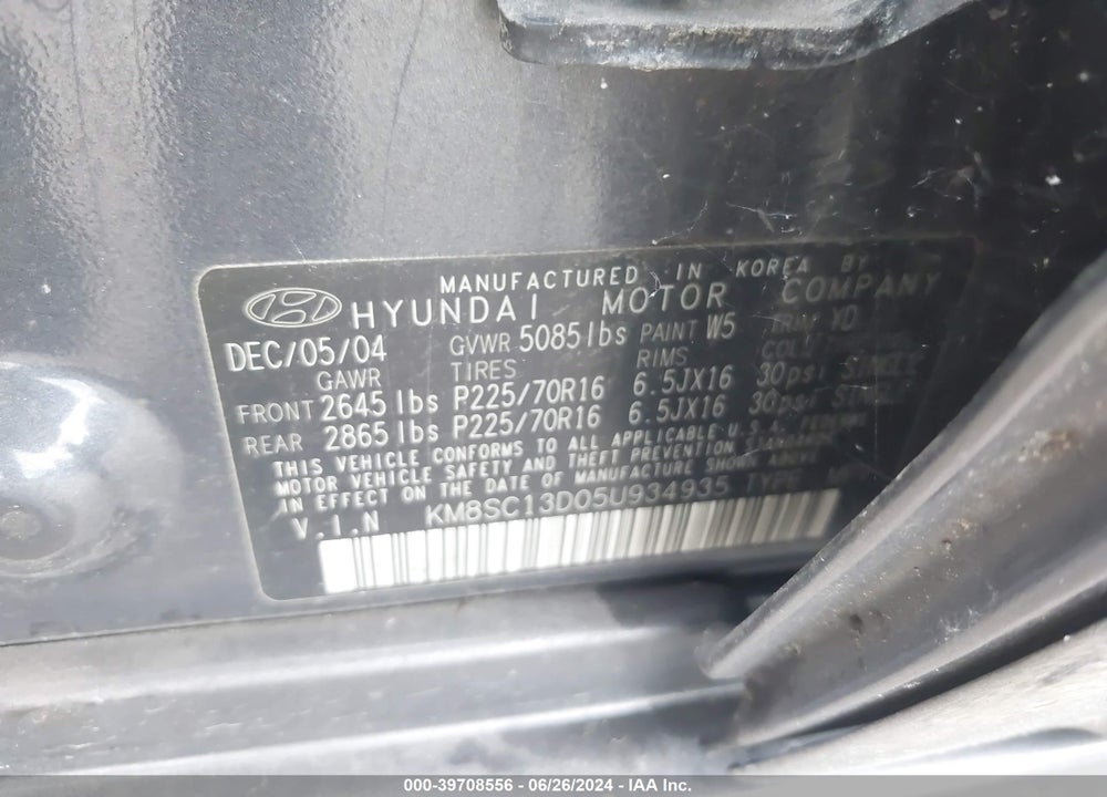 2005 HYUNDAI SANTA FE GLS VIN: KM8SC13D05U934935