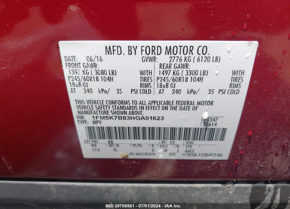2017 FORD EXPLORER VIN: 1FM5K7B83HGA01623