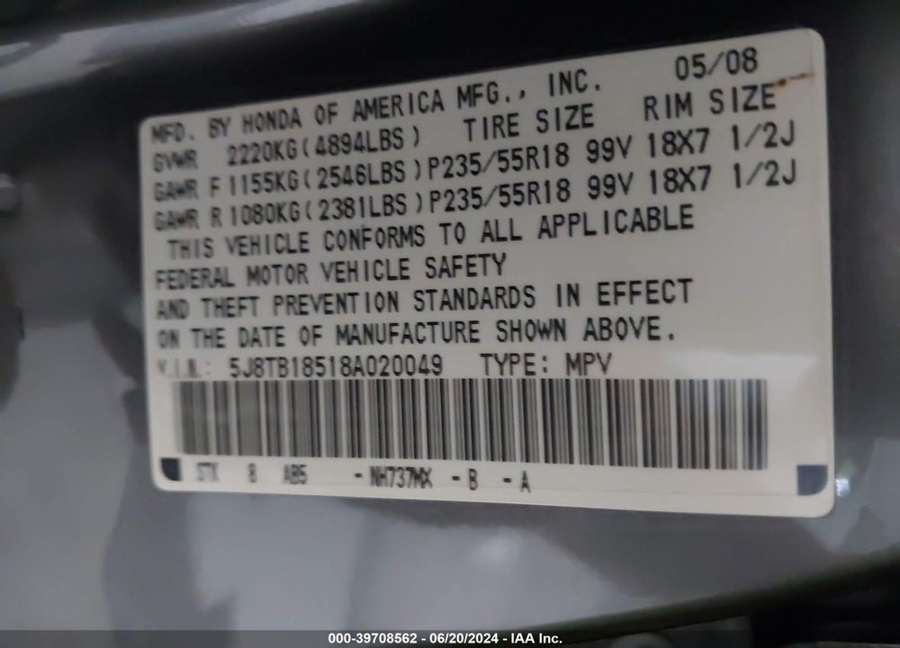 2008 ACURA RDX VIN: 5J8TB18518A020049