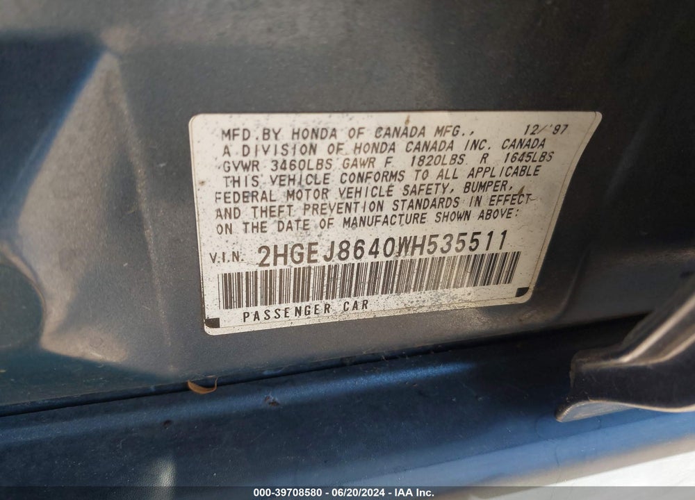 1998 HONDA CIVIC EX VIN: 2HGEJ8640WH535511