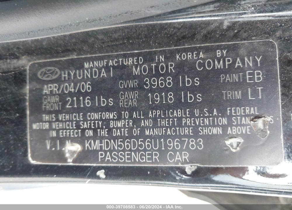 2006 HYUNDAI ELANTRA GLS/GT VIN: KMHDN56D56U196783