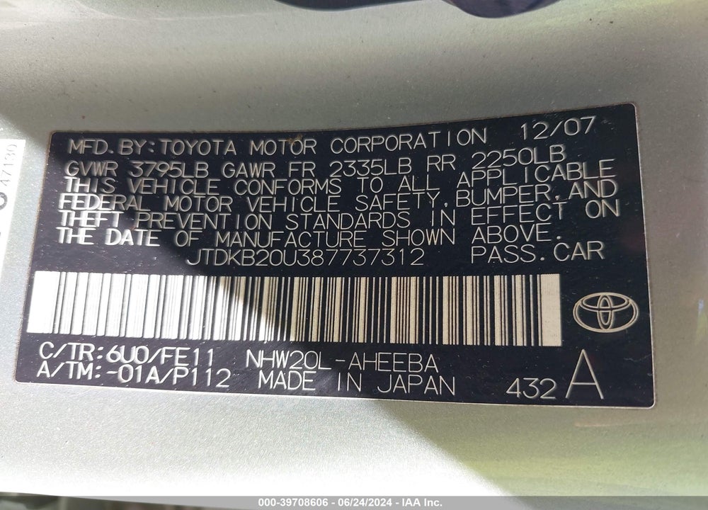 2008 TOYOTA PRIUS VIN: JTDKB20U387737312