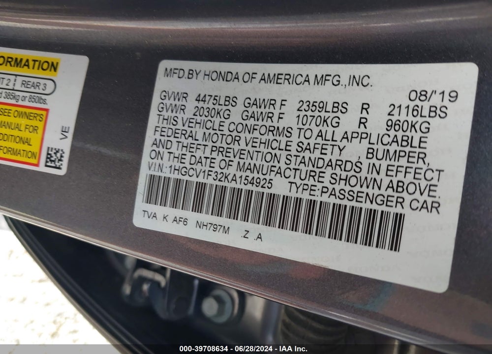 2019 HONDA ACCORD SPORT VIN: 1HGCV1F32KA154925