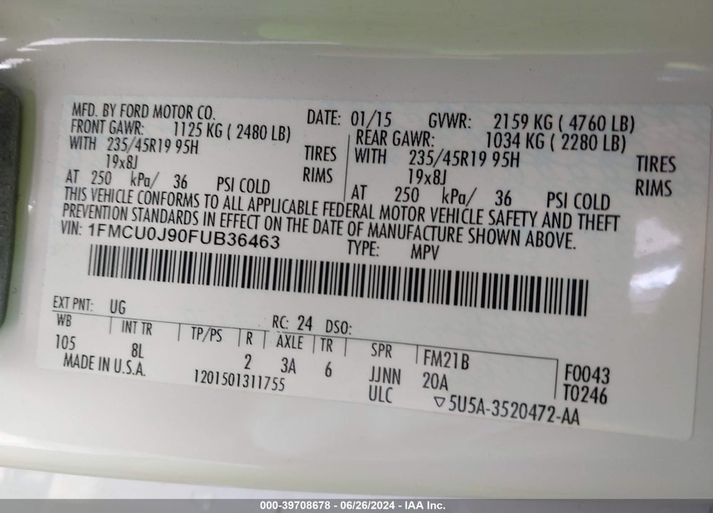 2015 FORD ESCAPE TITANIUM VIN: 1FMCU0J90FUB36463