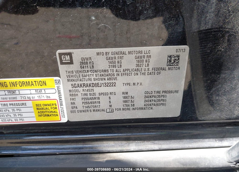 2014 BUICK ENCLAVE CONVENIENCE VIN: 5GAKRAKD8EJ132222