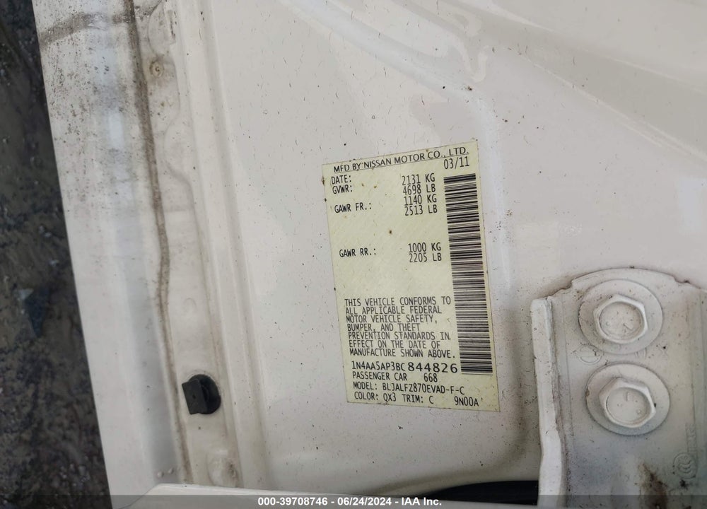 2011 NISSAN MAXIMA 3.5 SV VIN: 1N4AA5AP3BC844826