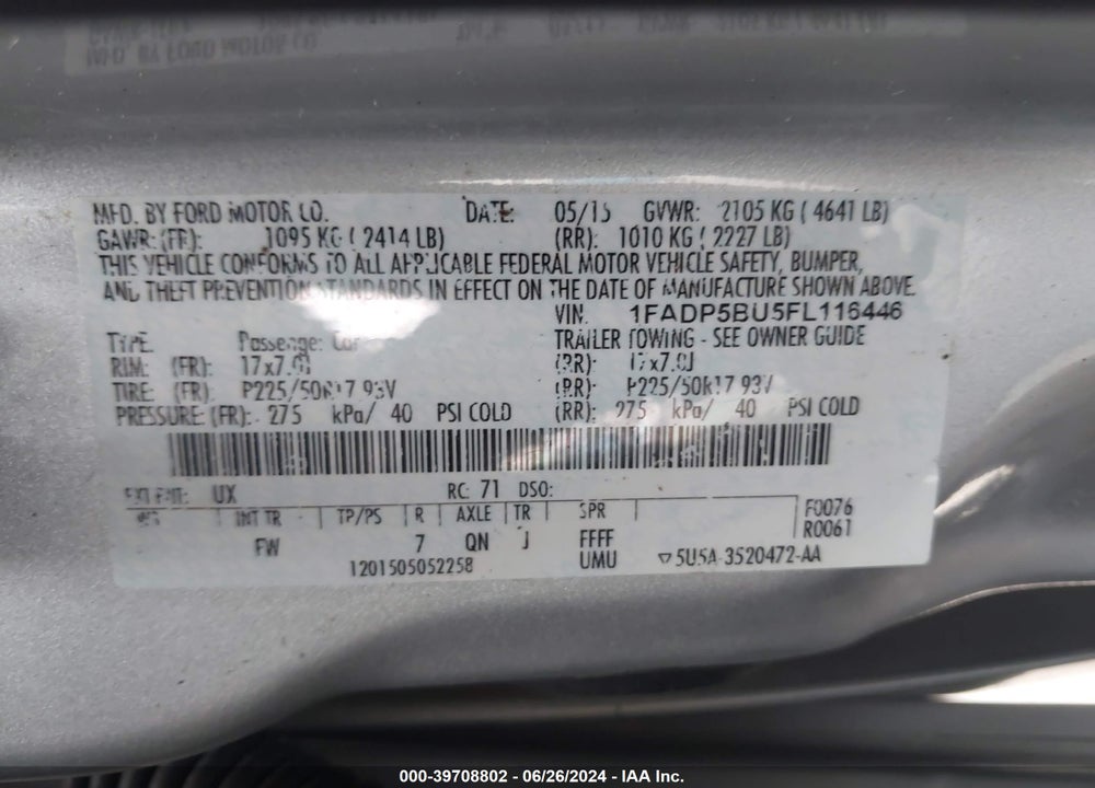 2015 FORD C-MAX HYBRID SEL VIN: 1FADP5BU5FL116446