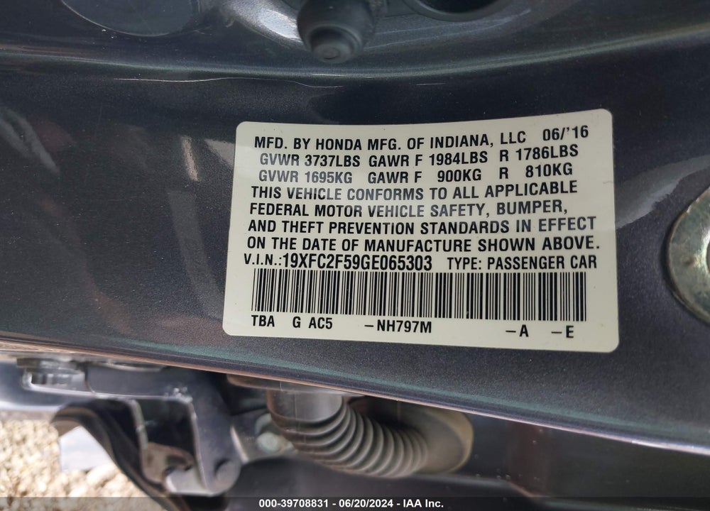 2016 HONDA CIVIC LX VIN: 19XFC2F59GE065303