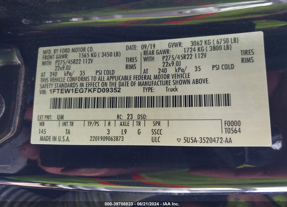 2019 FORD F-150 LIMITED VIN: 1FTEW1EG7KFD09352