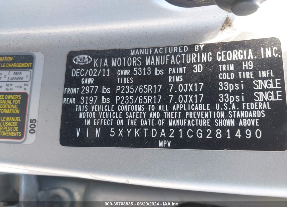 2012 KIA SORENTO LX V6 VIN: 5XYKTDA21CG281490
