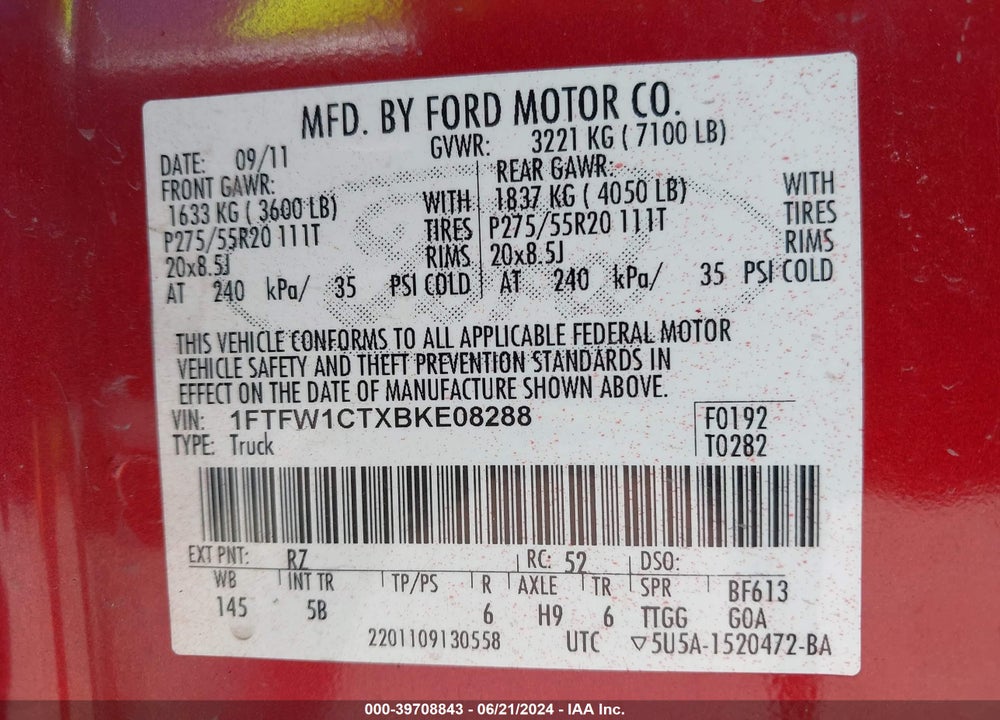 2011 FORD F-150 FX2 VIN: 1FTFW1CTXBKE08288