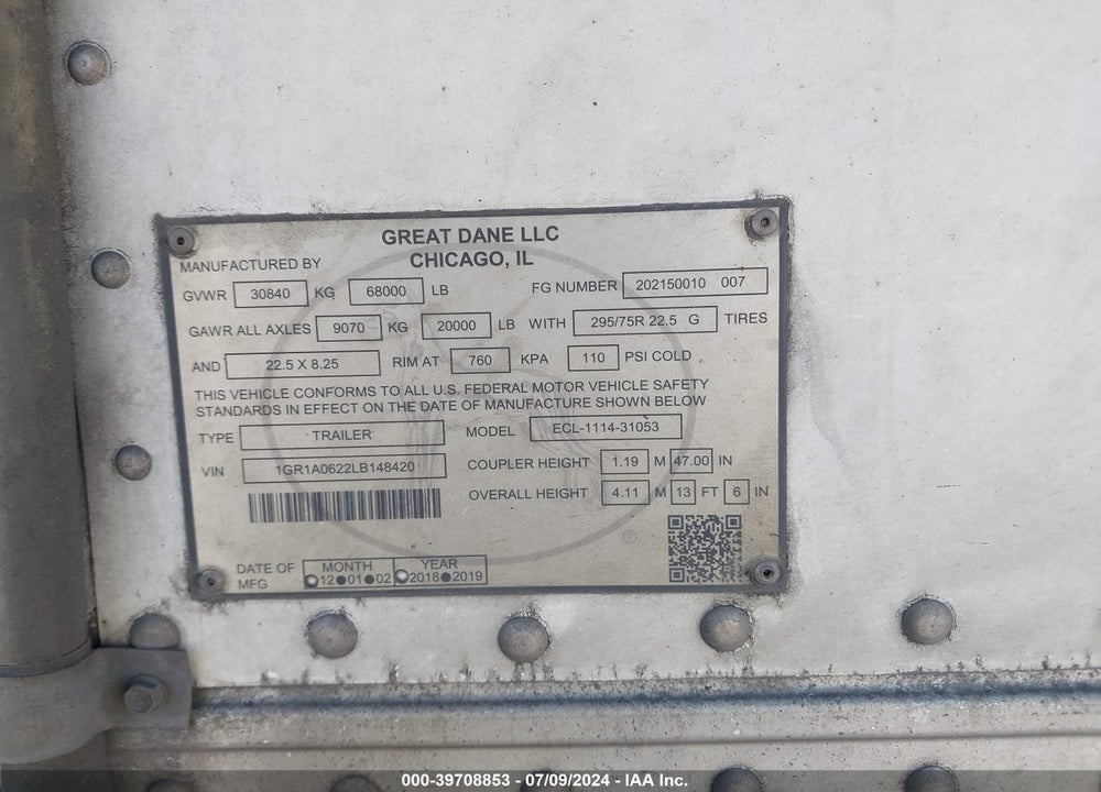 2020 GREAT DANE TRAILERS 53' SEMI TRAILER VIN: 1GR1A0622LB148420