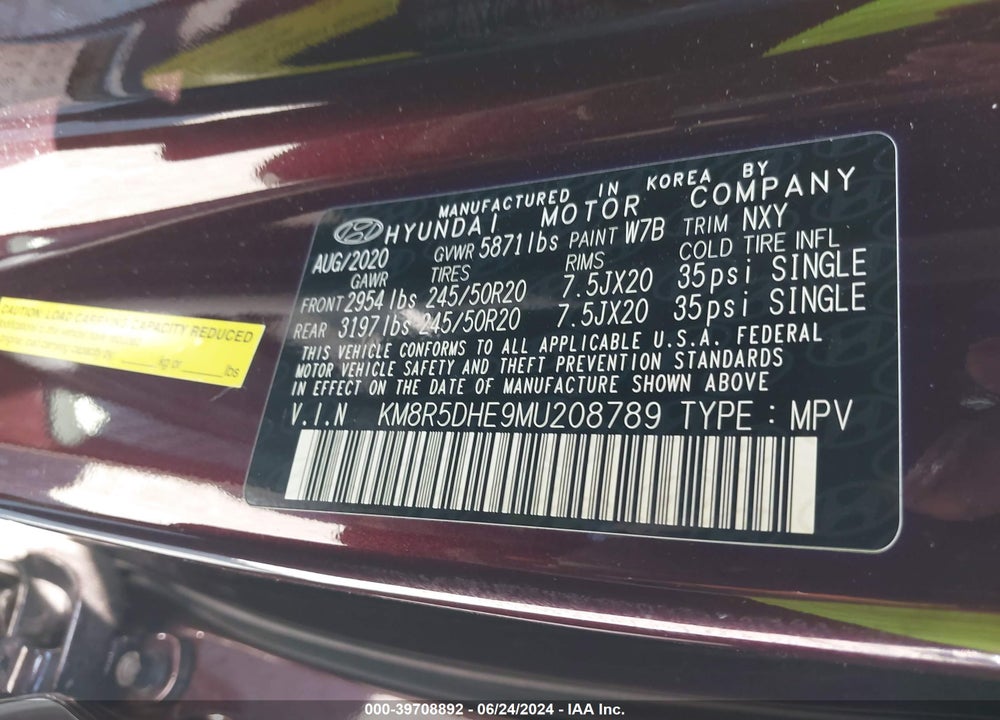 2021 HYUNDAI PALISADE LIMITED VIN: KM8R5DHE9MU208789