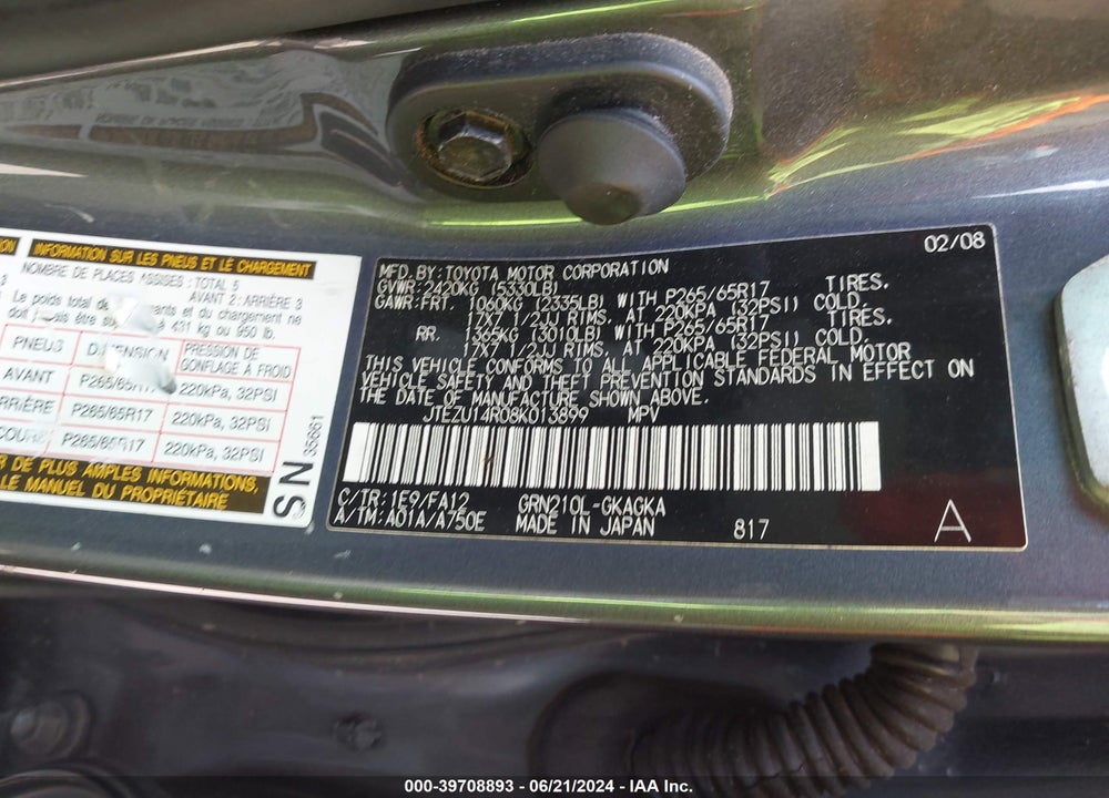 2008 TOYOTA 4RUNNER SR5 V6 VIN: JTEZU14R08K013899