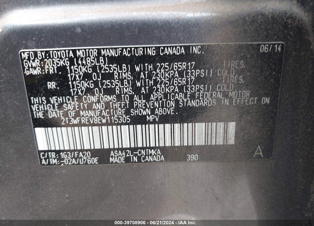 2014 TOYOTA RAV4 XLE VIN: 2T3WFREV8EW115305