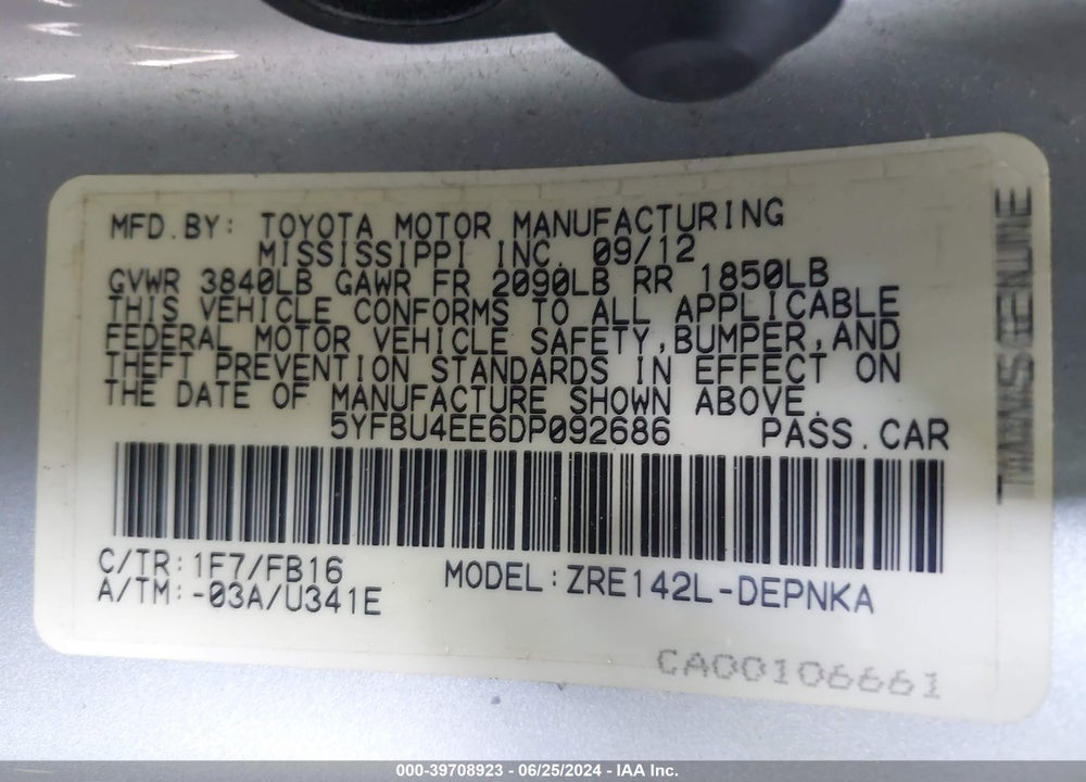 2013 TOYOTA COROLLA LE VIN: 5YFBU4EE6DP092686