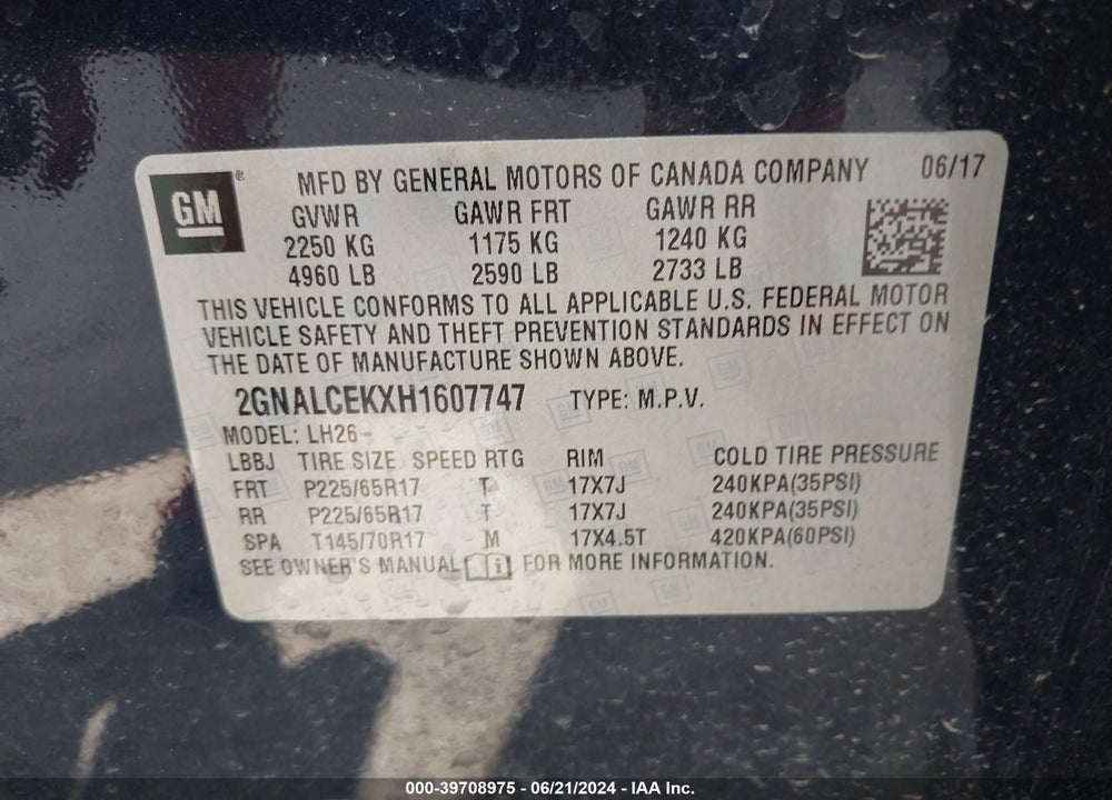 2017 CHEVROLET EQUINOX LT VIN: 2GNALCEKXH1607747