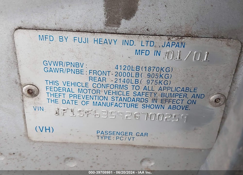 2002 SUBARU FORESTER L VIN: JF1SF63592G700259