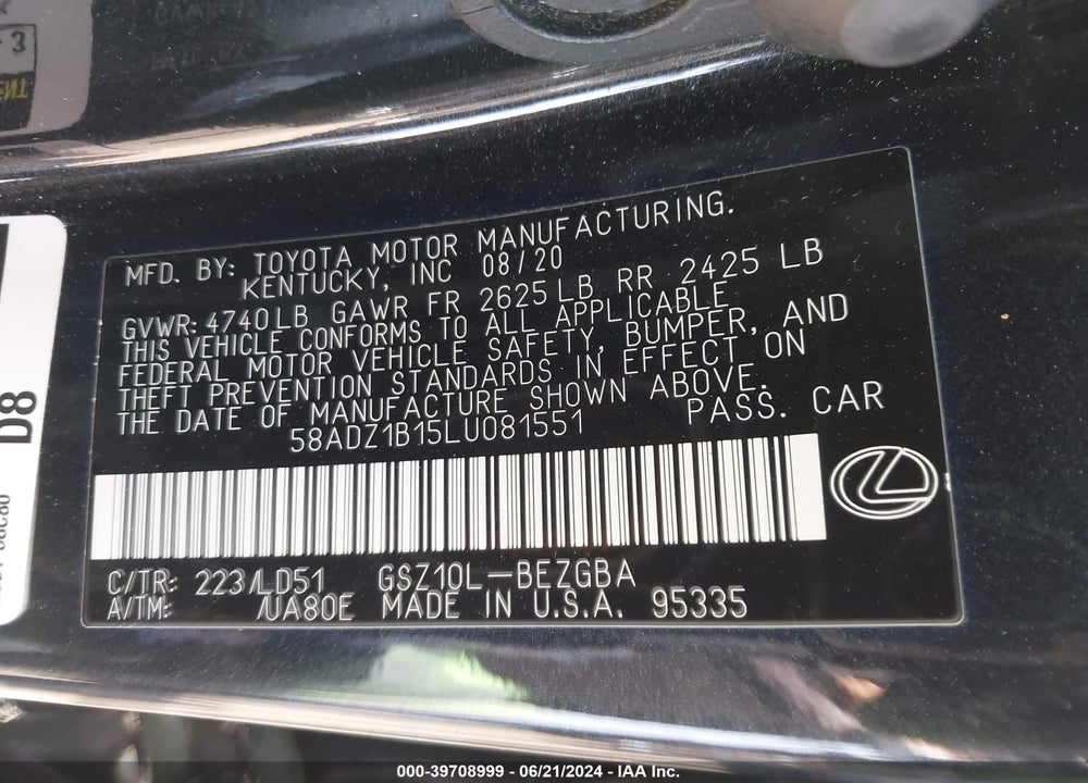 2020 LEXUS ES 350 VIN: 58ADZ1B15LU081551