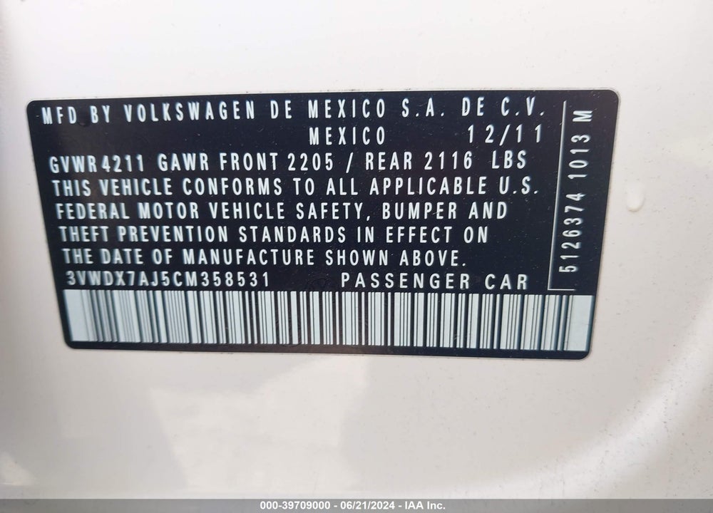 2012 VOLKSWAGEN JETTA 2.5L SE VIN: 3VWDX7AJ5CM358531