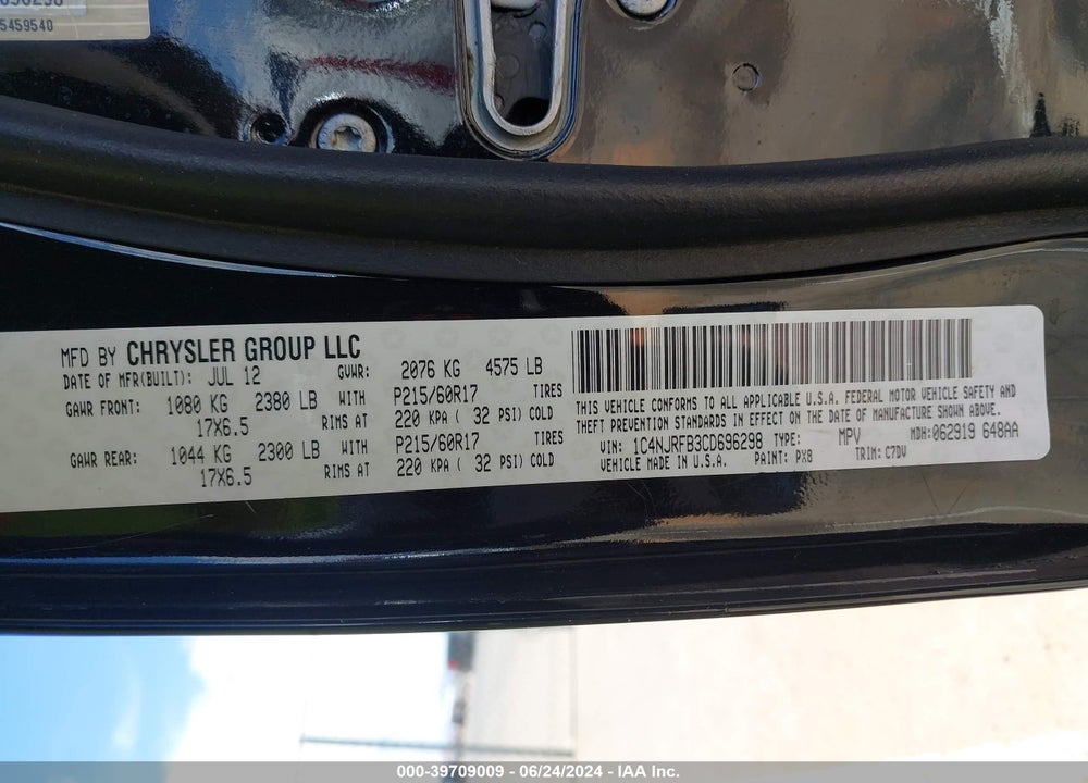 2012 JEEP PATRIOT LATITUDE VIN: 1C4NJRFB3CD696298