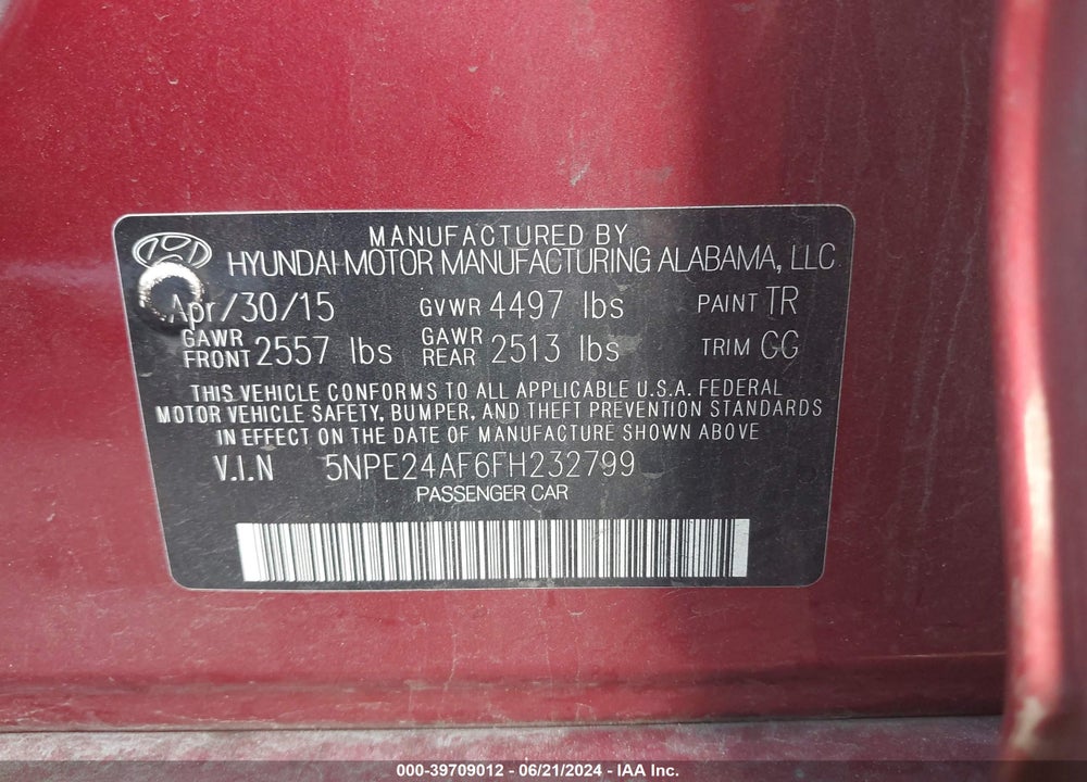 2015 HYUNDAI SONATA VIN: 5NPE24AF6FH232799