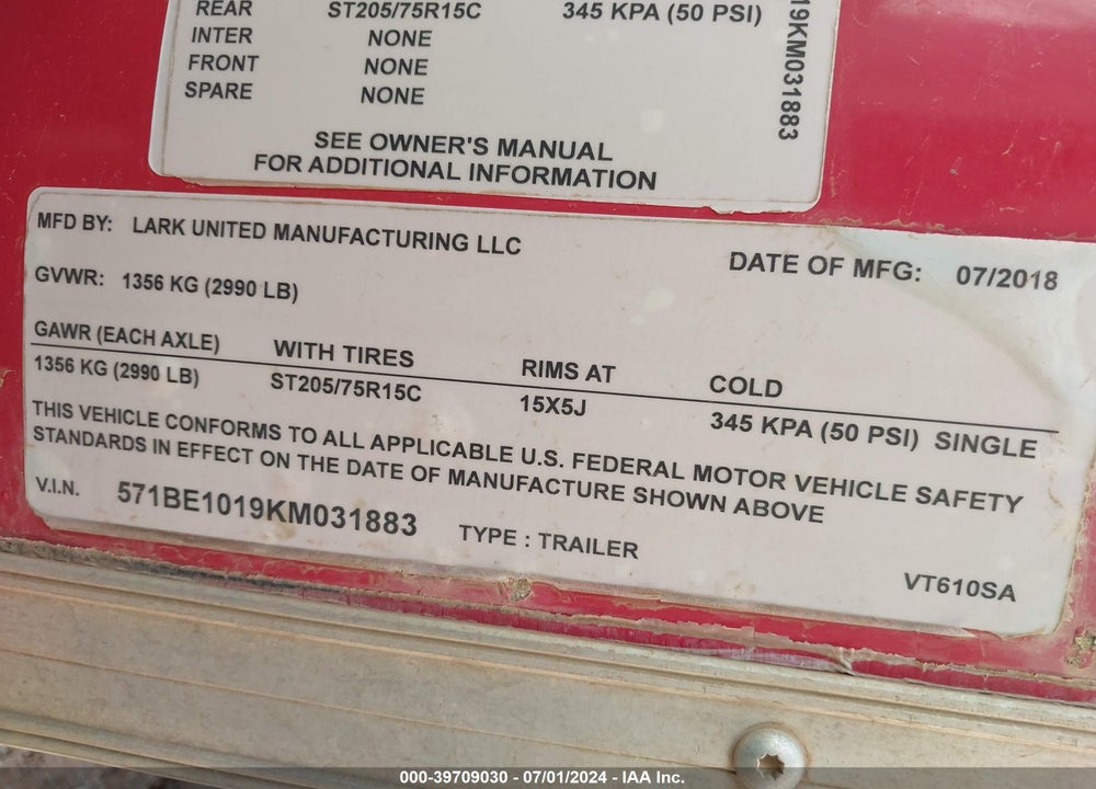 2019 LARK TRAILER VIN: 571BE1019KM031883