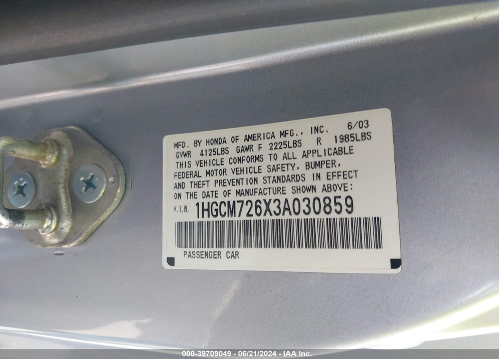 2003 HONDA ACCORD VIN: 1HGCM726X3A030859