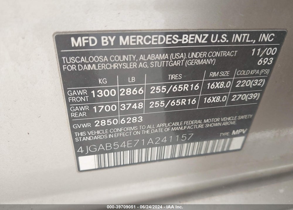 2001 MERCEDES-BENZ ML 320 VIN: 4JGAB54E71A241157