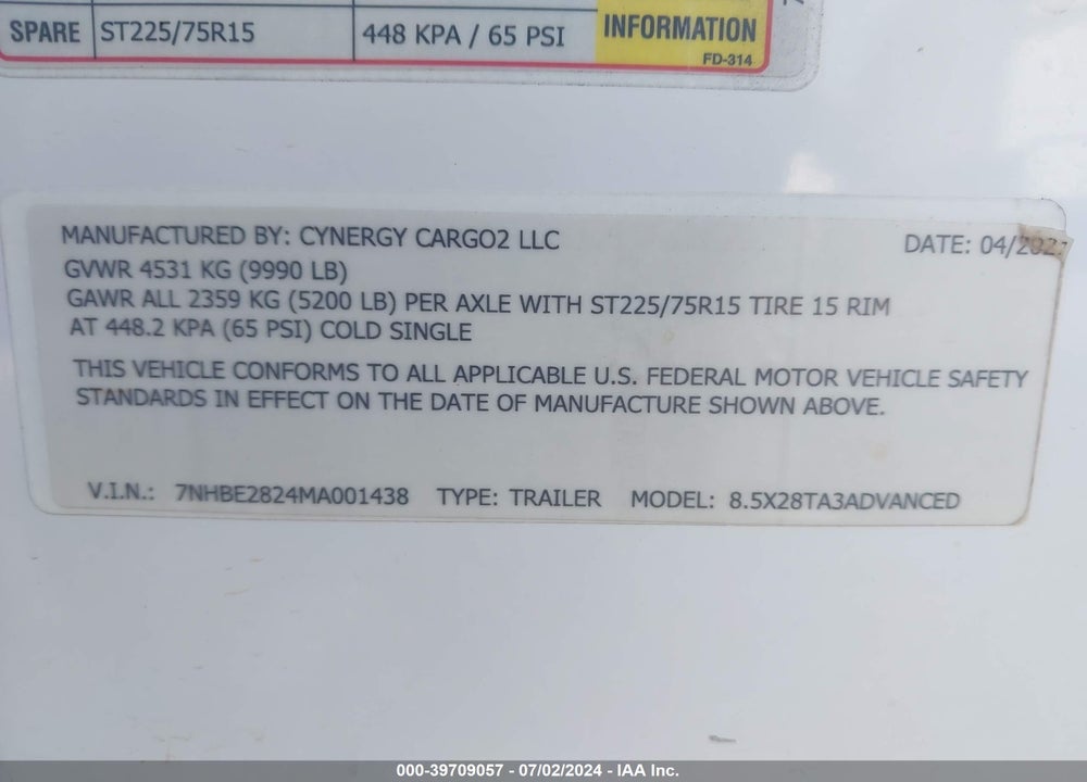 2021 CYNERGY CARGO LLC ENCLOSED TRAILER VIN: 7NHBE2824MA001438