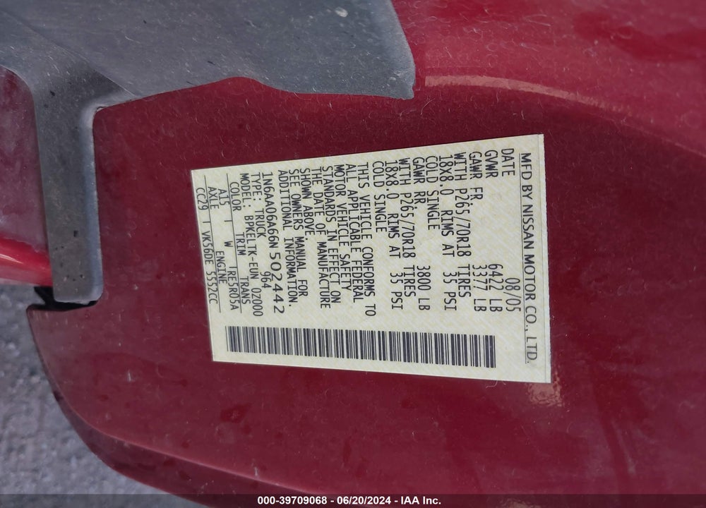 2006 NISSAN TITAN SE VIN: 1N6AA06A66N502442