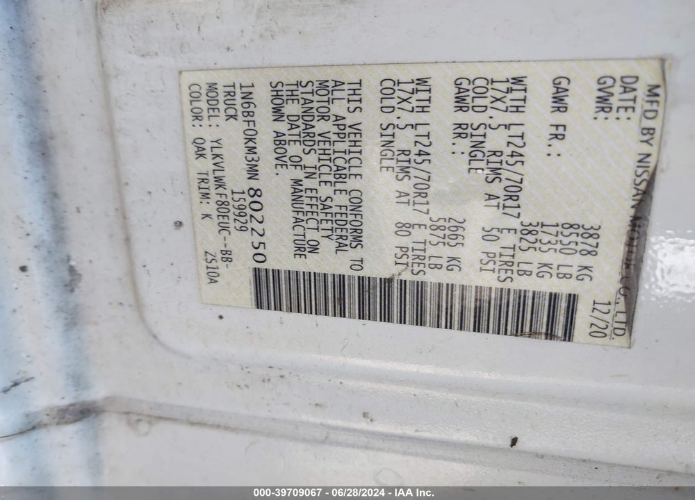 2021 NISSAN NV CARGO NV1500 S STANDARD ROOF V6 VIN: 1N6BF0KM3MN802250