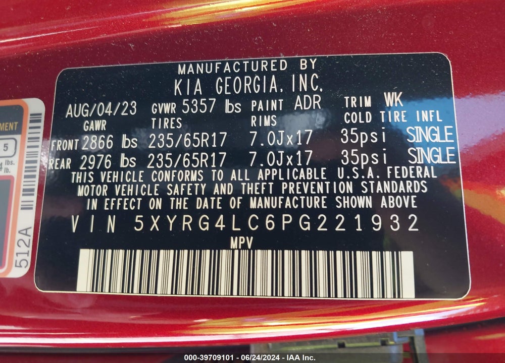 2023 KIA SORENTO LX VIN: 5XYRG4LC6PG221932