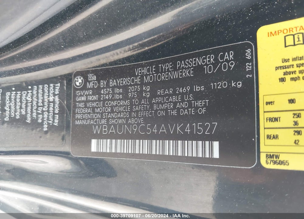 2010 BMW 135I VIN: WBAUN9C54AVK41527