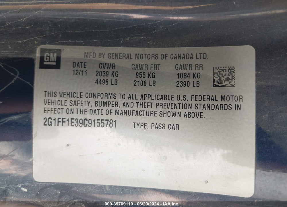 2012 CHEVROLET CAMARO 1LT VIN: 2G1FF1E39C9155781