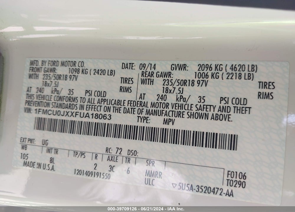 2015 FORD ESCAPE TITANIUM VIN: 1FMCU0JXXFUA18063