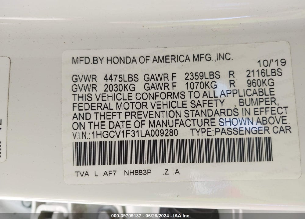 2020 HONDA ACCORD SPORT VIN: 1HGCV1F31LA009280