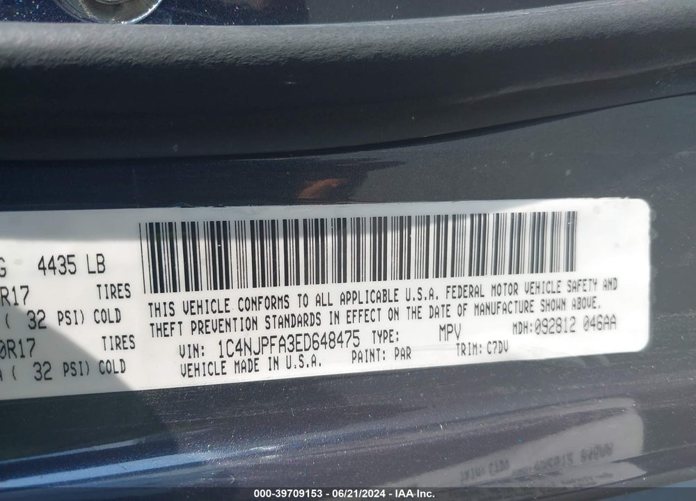2014 JEEP PATRIOT LATITUDE VIN: 1C4NJPFA3ED648475