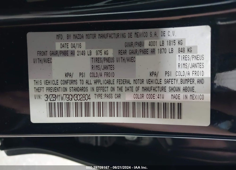 2016 MAZDA 3 I TOURING VIN: 3MZBM1W79GM302804
