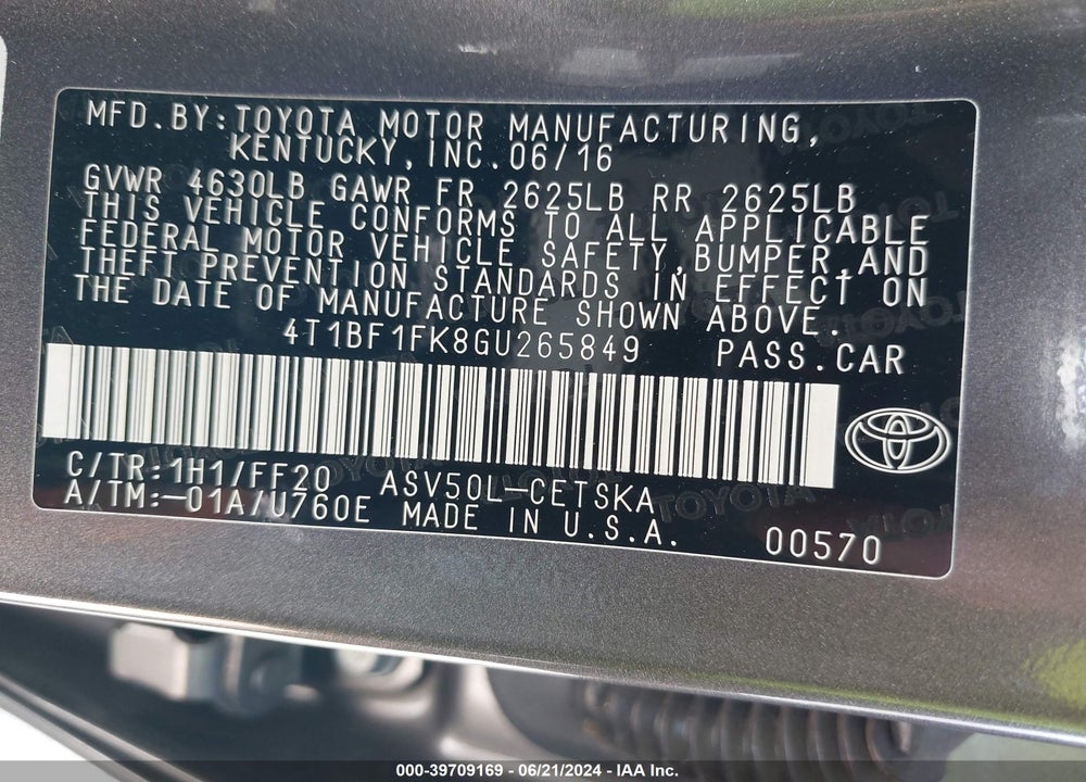 2016 TOYOTA CAMRY SE VIN: 4T1BF1FK8GU265849